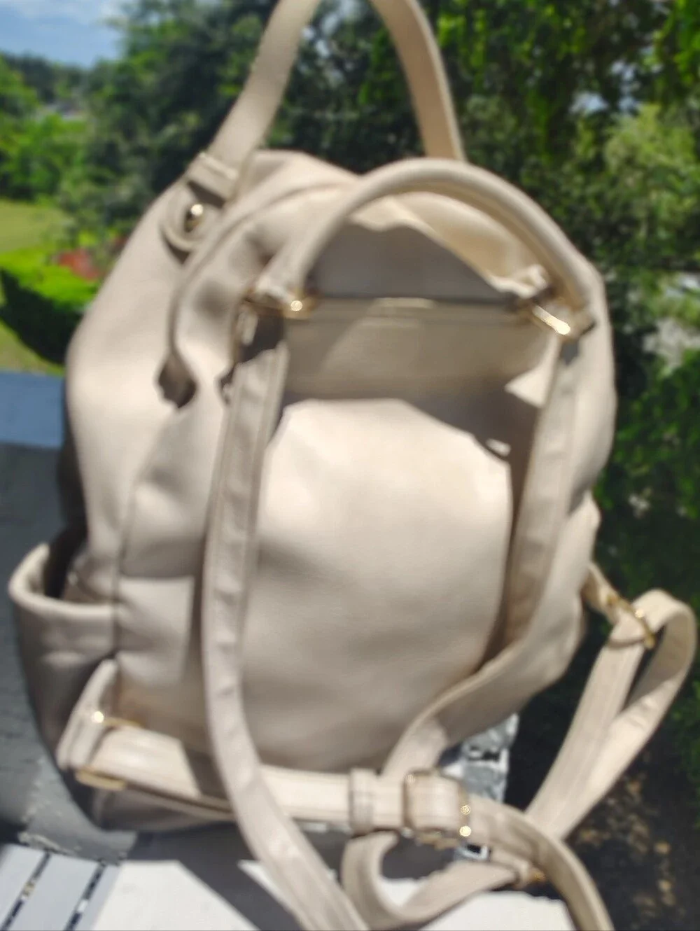 Neutral Faux Leather Backpack with Gold Hardware